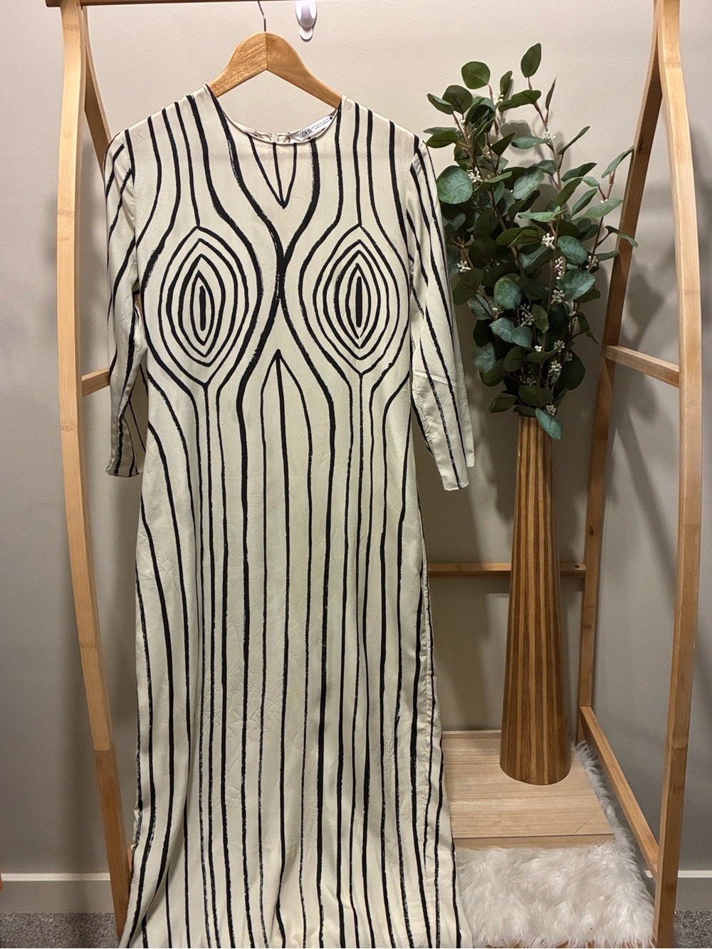 Zara Limited Edition Cream and Black Striped Long Sleeve Maxi Dress